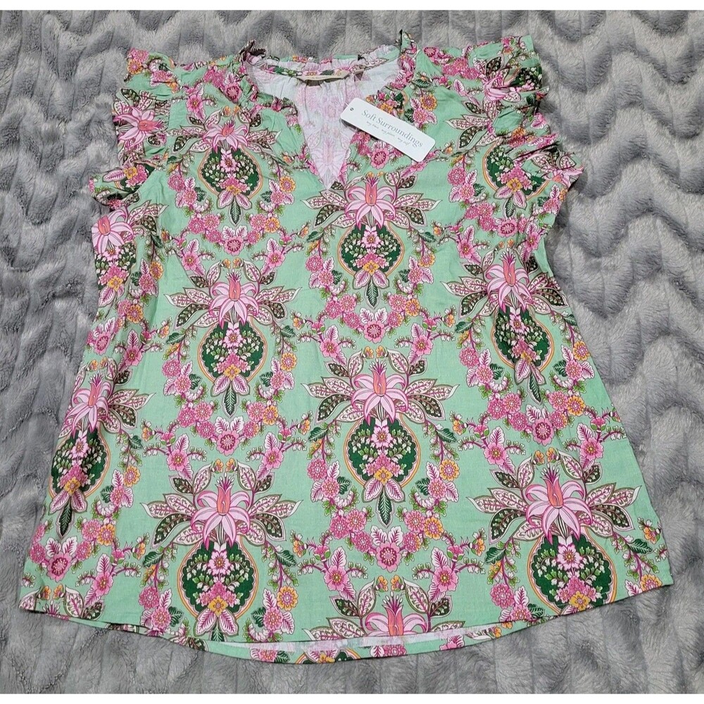 Soft Surroundings Womens M Linen Blend V Neck Pink Green Floral Shirt Blouse NWT